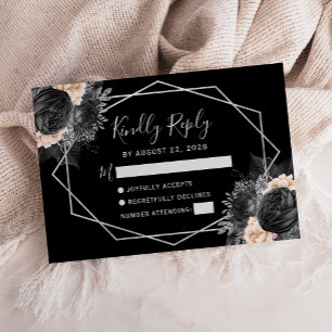 Silver Peach Black Floral Geometric RSVP Card
