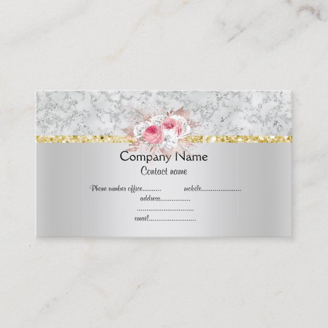 Silver peach floral elegant semi gloss business business card (Front)