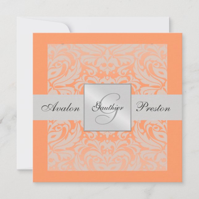 Silver & Peach Monogram Damask Border Invitation (Front)
