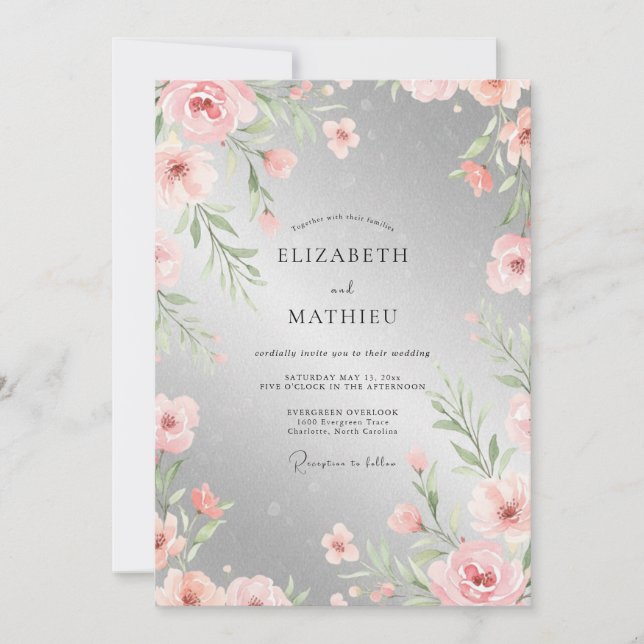 Silver Peach Watercolor Wedding Invitation (Front)