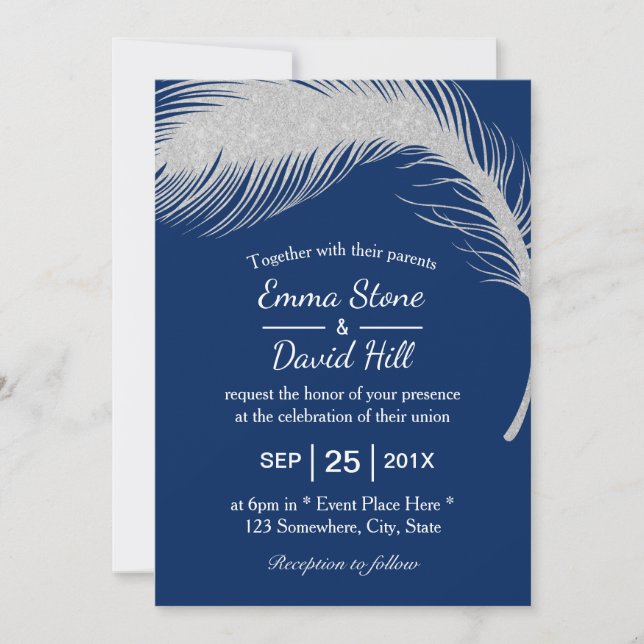 Silver Peacock Feather Navy Blue Wedding Invitation (Front)