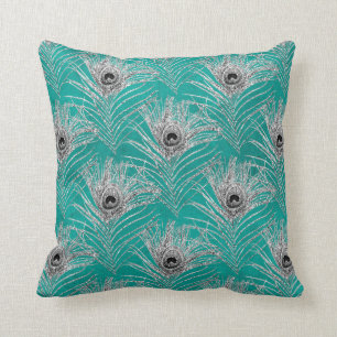 Silver Peacock Feathers on Teal Cushion