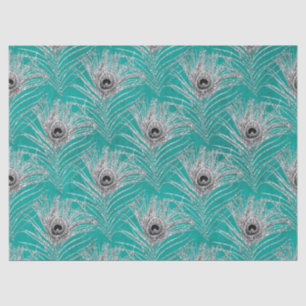 Silver Peacock Feathers on Teal Decoupage Tissue Paper