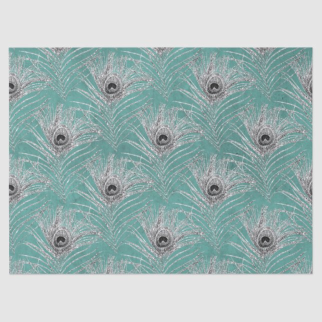 Silver Peacock Feathers on Teal Decoupage Tissue Paper (Front)