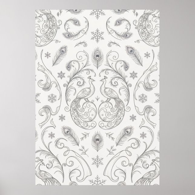Silver Peacock Filigree Winter Pattern Poster (Front)