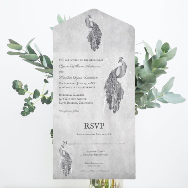Silver Peacock Wedding All In One Invitation (Silver Peacock All in One Wedding Invite)