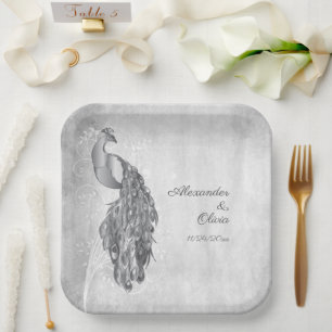 Silver Peacock Wedding Shower Paper Plates