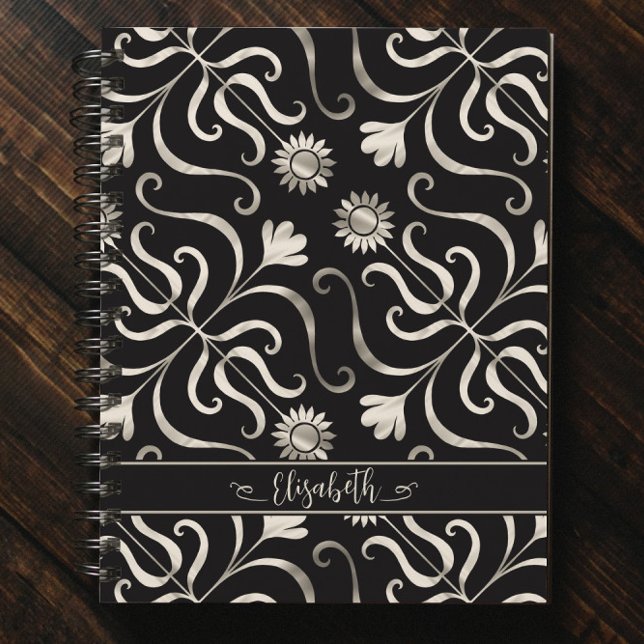  Silver Pearl Floral Damask Sunflower Classy Black Notebook (Creator Uploaded)