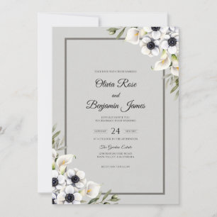 Silver Pearl White Anemone Wedding Invitation