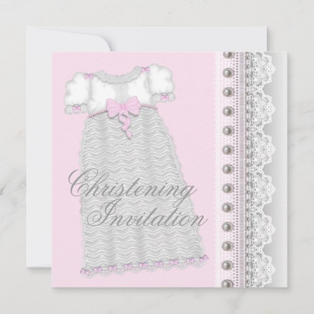 Silver Pearls Gown Baby Girl Pink Christening Invitation (Front)