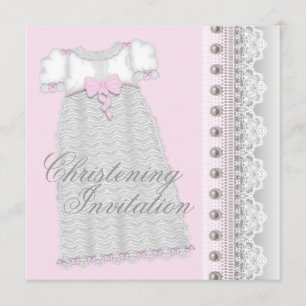 Silver Pearls Gown Baby Girl Pink Christening Invitation