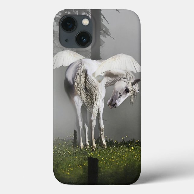 Silver Pegasus Preens in Misty Forest Fantasy Art Case-Mate iPhone Case (Back)