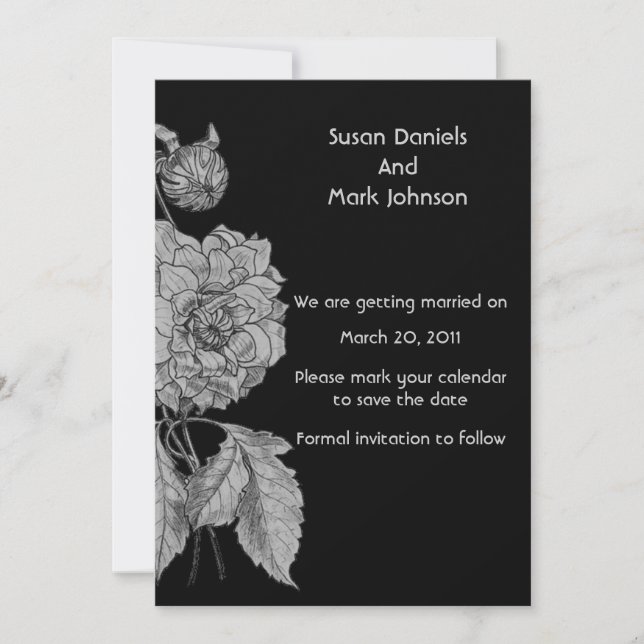 Silver Peony Black Flower Wedding Save The Date Invitation (Front)