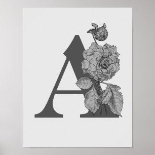 Silver Peony Elegant Monogram Initial A Poster