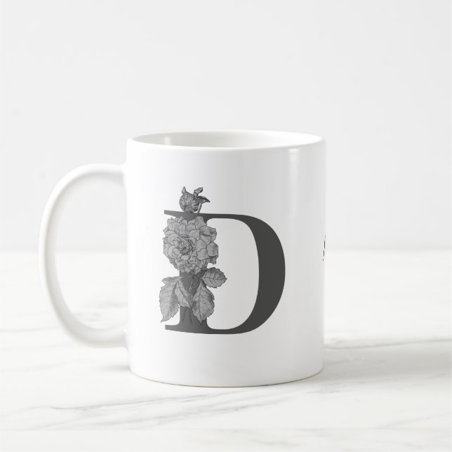 Silver Peony Elegant Monogram Initial D Your Name  Coffee Mug (Left)