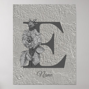 Silver Peony Elegant Monogram Initial E Your Name  Poster