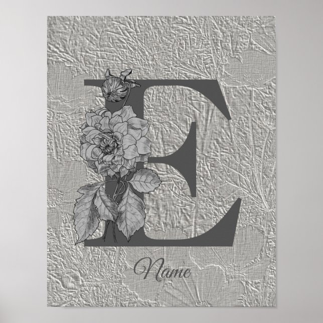 Silver Peony Elegant Monogram Initial E Your Name  Poster (Front)