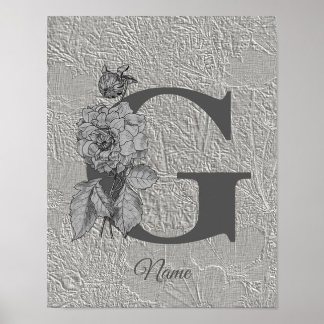 Silver Peony Elegant Monogram Initial G Your Name Poster (Front)
