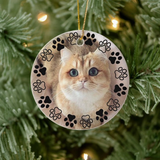 Silver Pet Paw Custom Cat Photo  Ceramic Ornament (Tree)