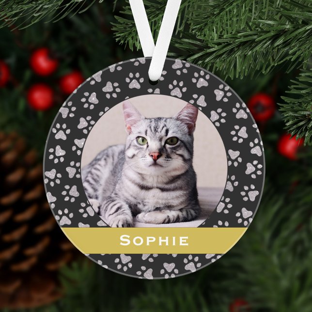 Silver Pet Paw Prints Gold Custom Cat Name Photo Ornament (Creator Uploaded)