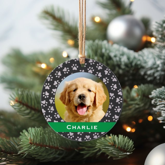 Silver Pet Paw Prints Green Custom Dog Name Photo Ornament (Creator Uploaded)