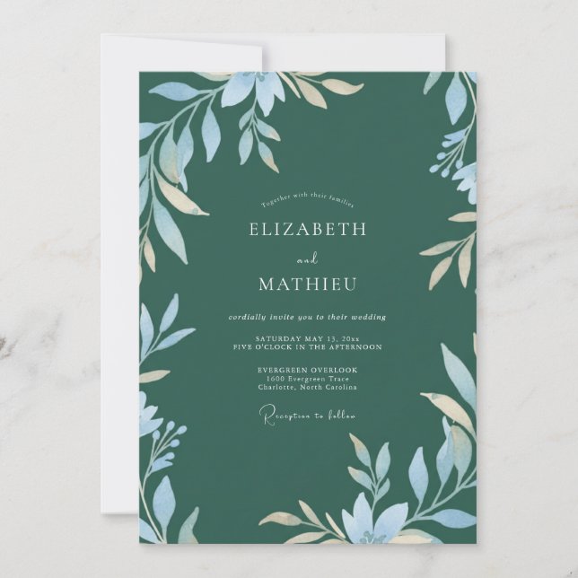 Silver Petrol Foliage Eucalyptus Wedding Invitation (Front)