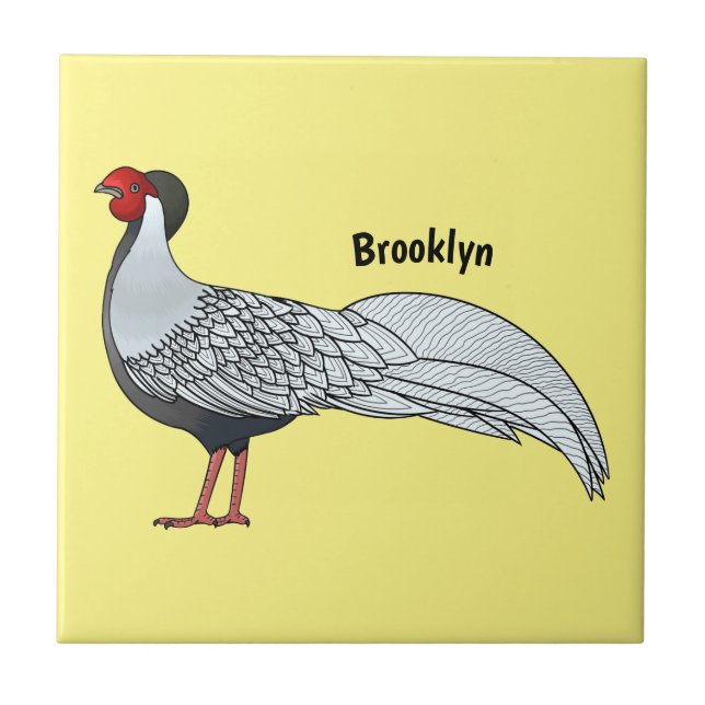 Silver pheasant bird cartoon illustration  ceramic tile (Front)
