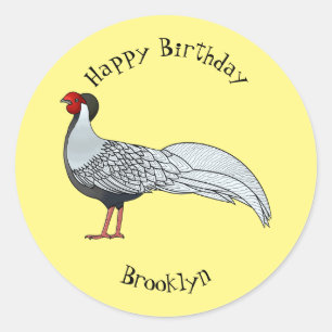 Silver pheasant bird cartoon illustration classic round sticker
