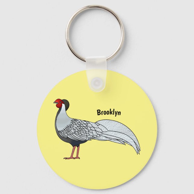 Silver pheasant bird cartoon illustration  key ring (Front)