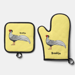 Silver pheasant bird cartoon illustration oven mitt & pot holder set