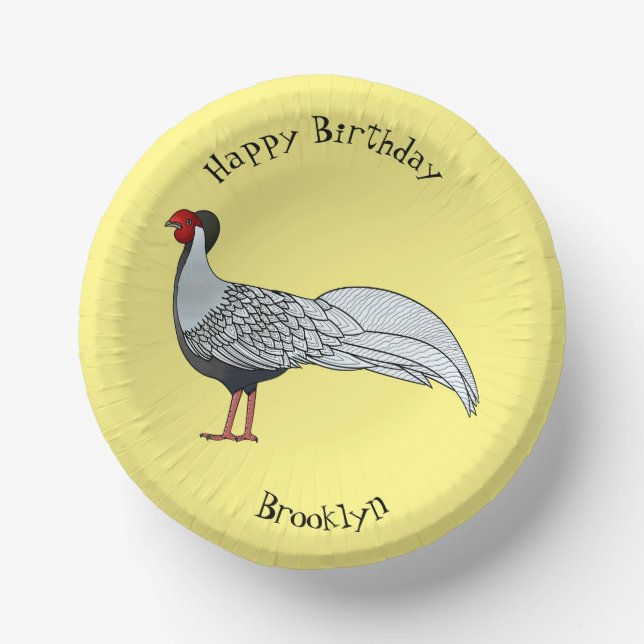 Silver pheasant bird cartoon illustration paper plate (Front)