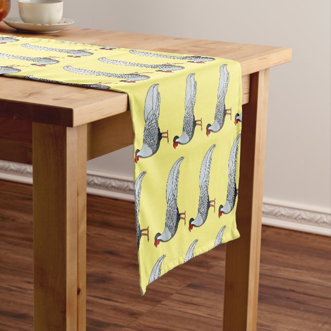 Silver pheasant bird cartoon illustration short table runner (In Situ)