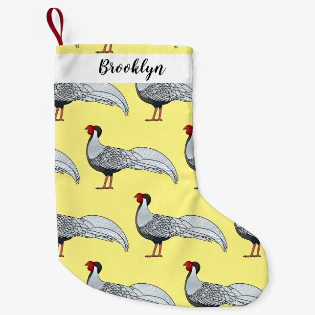 Silver pheasant bird cartoon illustration small christmas stocking (Front)