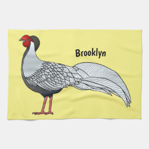 Silver pheasant bird cartoon illustration tea towel