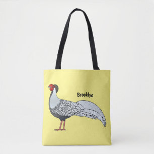 Silver pheasant bird cartoon illustration tote bag