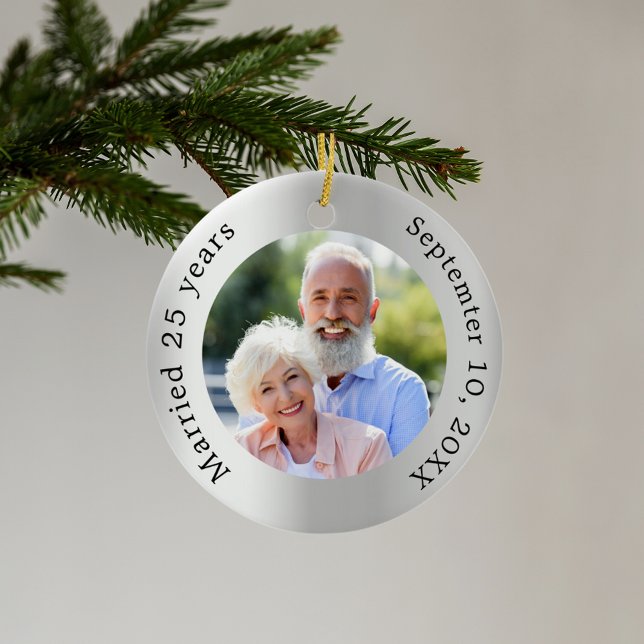 Silver photo 25th wedding anniversary ceramic ornament (Creator Uploaded)