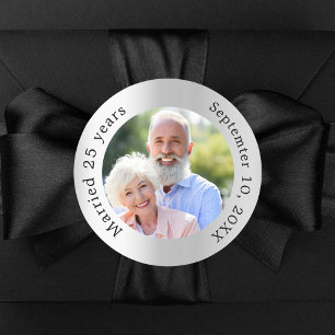 Silver photo 25th wedding anniversary classic round sticker