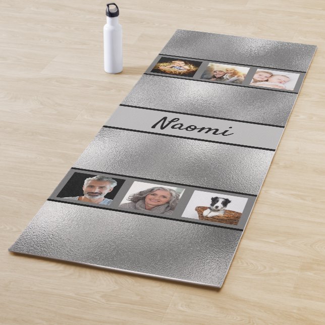 Silver photo collage name elegant script yoga mat (In Situ)