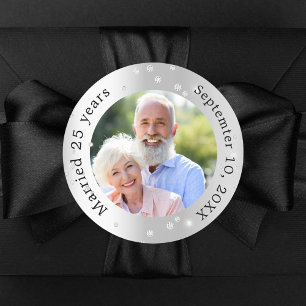 Silver photo diamonds 25th wedding anniversary classic round sticker