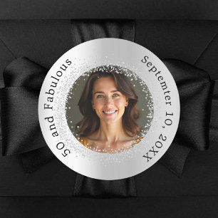 Silver photo fabulous birthday classic round sticker