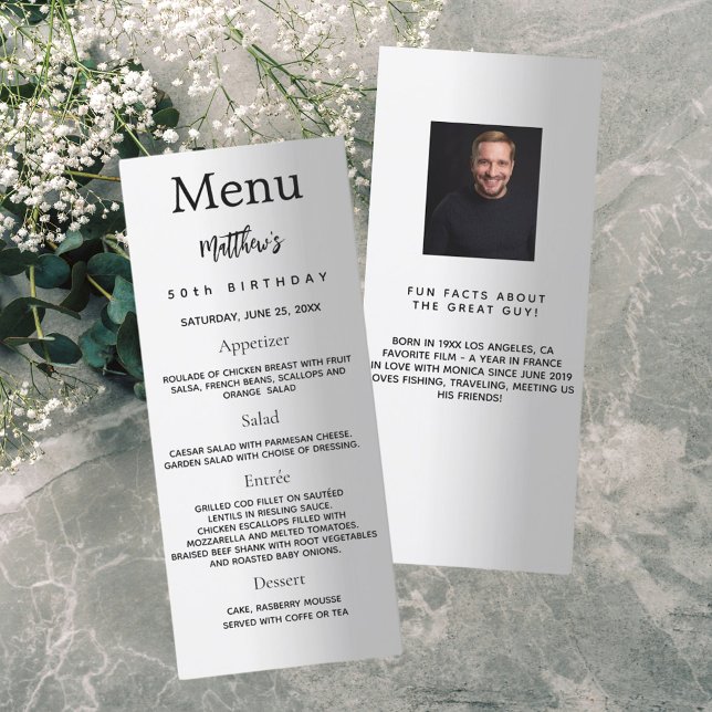 Silver photo fun facts birthday menu card (Creator Uploaded)