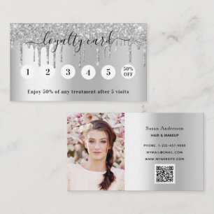Silver photo QR code glitter drips elegant Loyalty Card