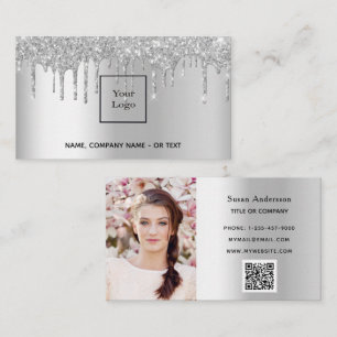 Silver photo QR code glitter drips female Business Card