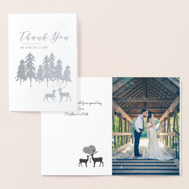 Silver Pine Deer Winter Wedding Photo Thank You Foil Card (Display)