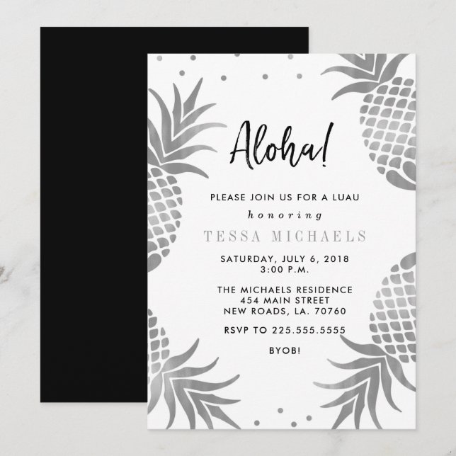 Silver Pineapple Luau Party Invitations (Front/Back)