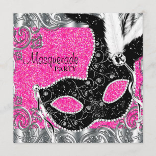Silver Pink and Black Mask Masquerade Party Invitation