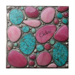 Silver Pink and turquoise pebble stones Ceramic Tile