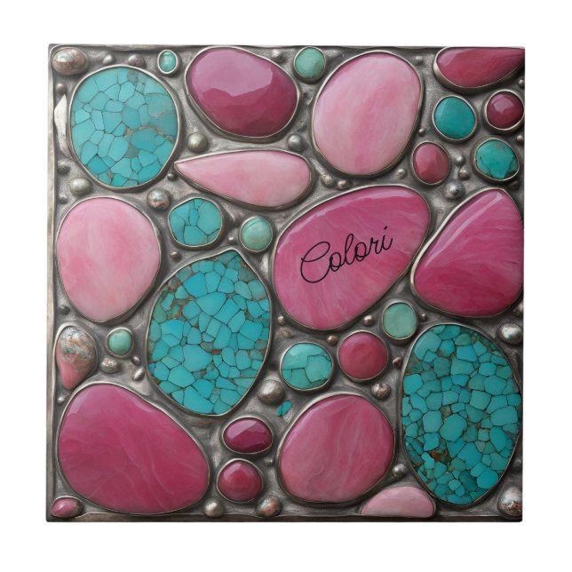 Silver Pink and turquoise pebble stones Ceramic Tile (Front)