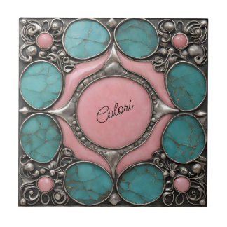 Silver Pink and turquoise  stone art Ceramic Tile
