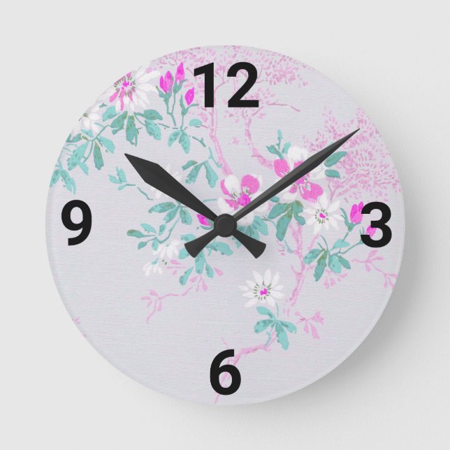 Silver Pink Aqua Floral Cherry Blossom WALL CLOCK (Front)